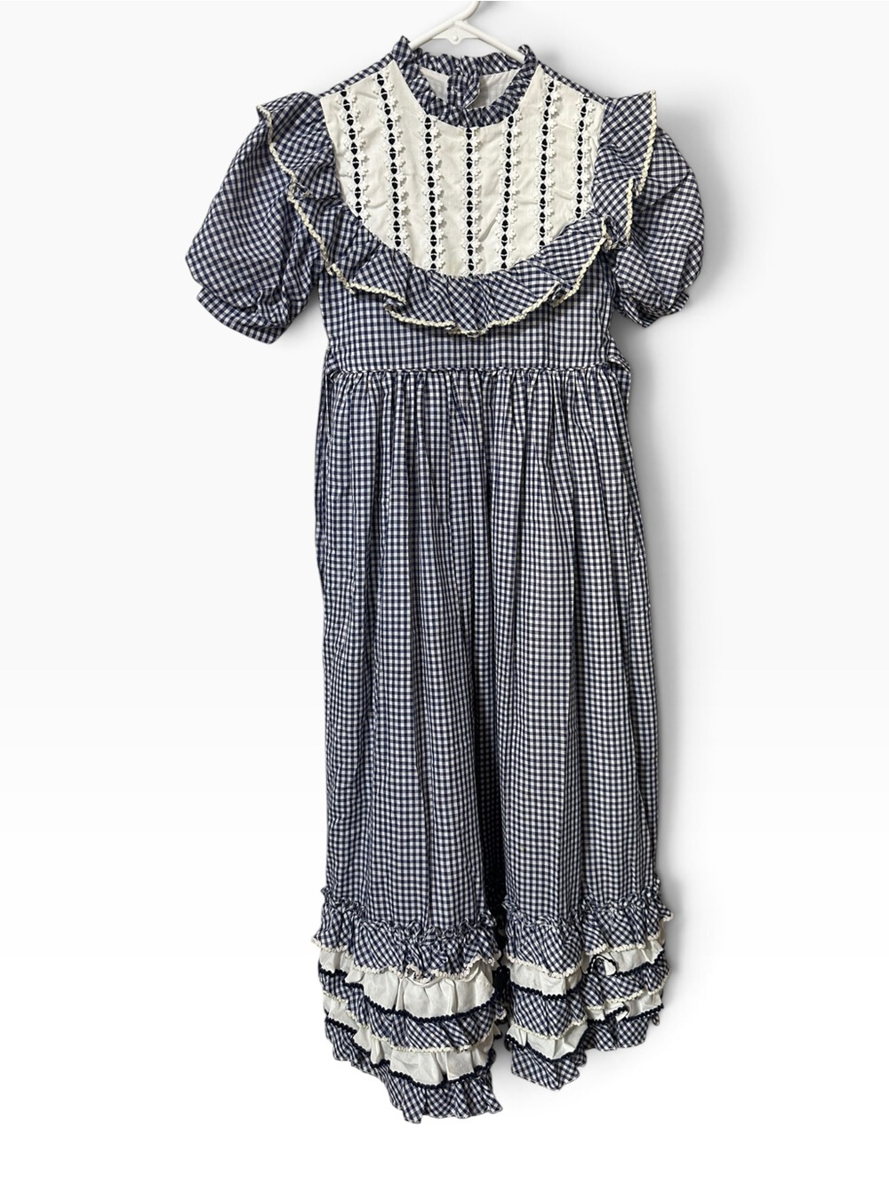 Navy Gingham Ruffle Pajama Romper with Lace Bib
